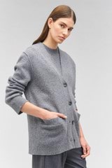 Profile view of model wearing the Oroton Button Detail Long Line Cardigan in Grey Marle and 100% wool for Women