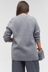 Profile view of model wearing the Oroton Button Detail Long Line Cardigan in Grey Marle and 100% wool for Women