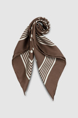 Front product shot of the Oroton Bandana Silk Scarf in Chocolate and 100% silk for Women