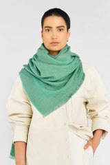 Profile view of model wearing the Oroton Hannah Wrap Scarf in Sage Green and 40% Acrylic, 33% Viscose, 20% Nylon And 7% Wool for Women