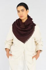 Profile view of model wearing the Oroton Hannah Wrap Scarf in Chestnut and 40% Acrylic, 33% Viscose, 20% Nylon And 7% Wool for Women