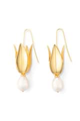 Front product shot of the Oroton Alma Hook Earrings in Worn Gold/Pearl and Brass for Women
