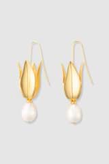 Front product shot of the Oroton Alma Hook Earrings in Worn Gold/Pearl and Brass for Women