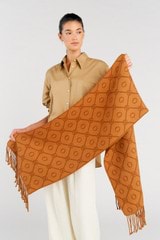 Profile view of model wearing the Oroton Harvey Signature Two Tone Scarf in Tan/Cognac and 50% acrylic, 50% wool for Women