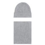 Front product shot of the Oroton Eve Knit Scarf & Beanie Set in Grey Marle and 50% acrylic, 50% wool for Women