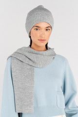 Profile view of model wearing the Oroton Eve Knit Scarf & Beanie Set in Grey Marle and 50% acrylic, 50% wool for Women