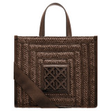 Front product shot of the Oroton Lane Straw Medium Tote in Mahogany and Woven straw with leather trims for Women