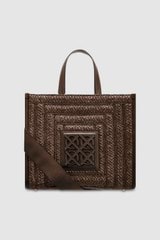 Front product shot of the Oroton Lane Straw Medium Tote in Mahogany and Woven straw with leather trims for Women