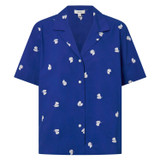 Front product shot of the Oroton Embroidered Fruit Camp Shirt in Azure Blue and 100% cotton for Women