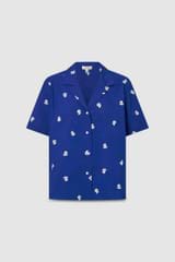 Front product shot of the Oroton Embroidered Fruit Camp Shirt in Azure Blue and 100% cotton for Women