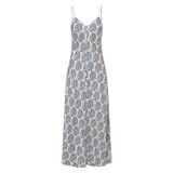 Front product shot of the Oroton Zig Zag Flower Stamp Slip Dress in Folk Blue and 100% silk for Women