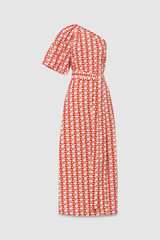 Front product shot of the Oroton Apple Stamp One Shoulder Dress in Poppy and 100% cotton for Women