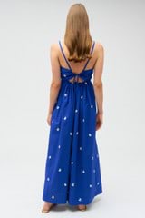 Profile view of model wearing the Oroton Embroidered Fruit Sundress in Azure Blue and 100% cotton for Women