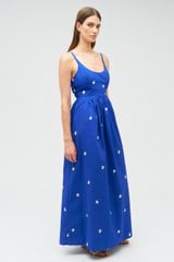 Profile view of model wearing the Oroton Embroidered Fruit Sundress in Azure Blue and 100% cotton for Women