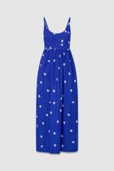 Front product shot of the Oroton Embroidered Fruit Sundress in Azure Blue and 100% cotton for Women