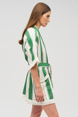 Profile view of model wearing the Oroton Deckchair Stripe Robe in Clover and 100% linen for Women