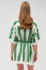 Profile view of model wearing the Oroton Deckchair Stripe Robe in Clover and 100% linen for Women