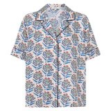 Front product shot of the Oroton Zig Zag Flower Stamp Camp Shirt in Folk Blue and 100% silk for Women