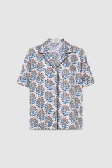 Front product shot of the Oroton Zig Zag Flower Stamp Camp Shirt in Folk Blue and 100% silk for Women