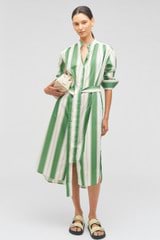 Profile view of model wearing the Oroton Deckchair Stripe Shirt Dress in Clover and 100% cotton for Women