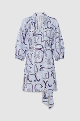 Front product shot of the Oroton Lace Flower Smock Dress in Windmill Blue and 100% linen for Women