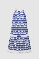 Front product shot of the Oroton Wave Print Halter Dress in Azure Blue and 100% linen for Women