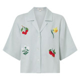 Front product shot of the Oroton Embroidered Flower Camp Shirt in Eau De Nil and 100% linen for Women