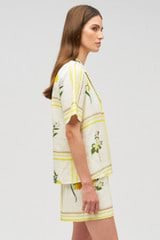 Profile view of model wearing the Oroton Summer Picnic Camp Shirt in Vibrant Yellow and 100% linen for Women