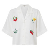 Front product shot of the Oroton Embroidered Flower Camp Shirt in Antique White and 100% linen for Women