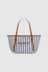 Front product shot of the Oroton Ellis Canvas Medium Tote in Natural / Blue Stripe and Canvas for Women