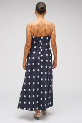 Profile view of model wearing the Oroton Starburst Spot Slip Dress in North Sea and 100% SILK for Women