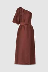 Front product shot of the Oroton One Shoulder Dress in Barn Red and 100% Silk for Women