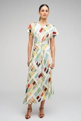 Profile view of model wearing the Oroton Vintage Ribbon Print Dress in Multi and 100% Silk for Women