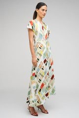 Profile view of model wearing the Oroton Vintage Ribbon Print Dress in Multi and 100% Silk for Women