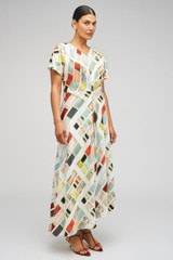 Profile view of model wearing the Oroton Vintage Ribbon Print Dress in Multi and 100% Silk for Women