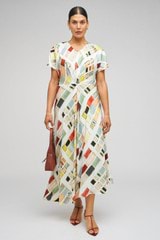 Profile view of model wearing the Oroton Vintage Ribbon Print Dress in Multi and 100% Silk for Women