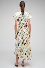 Profile view of model wearing the Oroton Vintage Ribbon Print Dress in Multi and 100% Silk for Women