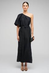 Profile view of model wearing the Oroton One Shoulder Dress in Black and 100% Silk for Women