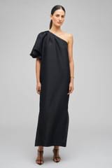 Profile view of model wearing the Oroton One Shoulder Dress in Black and 100% Silk for Women