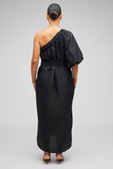 Profile view of model wearing the Oroton One Shoulder Dress in Black and 100% Silk for Women