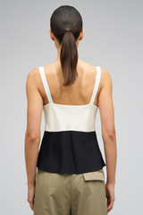 Profile view of model wearing the Oroton Mesh Flower Camisole in Black/Cream and 92% Silk 8% Spandex for Women