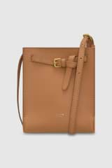 Front product shot of the Oroton Margot Tiny Bucket Bag in Dark Camel and Smooth Leather Lining for Women