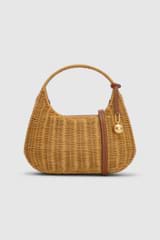 Front product shot of the Oroton Clara Wicker Mini Bag in Natural/Cognac and Woven wicker exterior with leather trims for Women