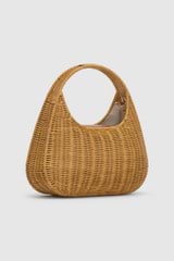 Back product shot of the Oroton Clara Wicker Mini Bag in Natural/Cognac and Woven wicker exterior with leather trims for Women