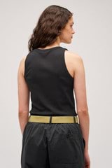 Profile view of model wearing the Oroton Lottie Rib Tank in Black and 92% Cotton / 8% Spandex for Women