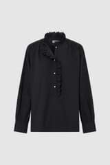 Front product shot of the  Hazel Ruffle Blouse in Washed Black and Made from 100% poplin cotton  for Men