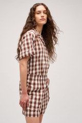 Profile view of model wearing the Oroton Gingham Camp Shirt in Chocolate and 100% Cotton for Women