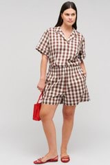 Profile view of model wearing the Oroton Gingham Camp Shirt in Chocolate and 100% Cotton for Women