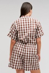 Profile view of model wearing the Oroton Gingham Camp Shirt in Chocolate and 100% Cotton for Women