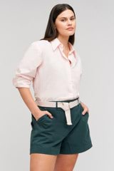 Profile view of model wearing the Oroton Wren Poplin Shirt in Palest Pink and Made from 100%  Cotton Poplin for Women